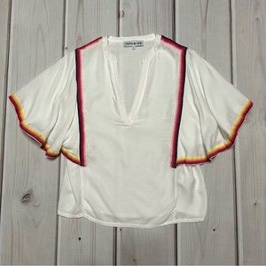 Anthropologie Teoh & Lea white with colorful trim top with flowy sleeves size XS